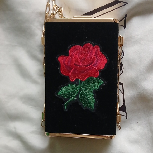 Handbags - Black Velvet Clutch with Red Rose Embroidery